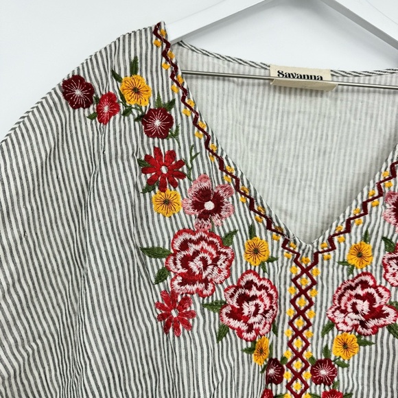 Savanna Jane Floral Embroidered Cotton Boxy Relaxed Striped Pullover Top Size 3X - Picture 3 of 8